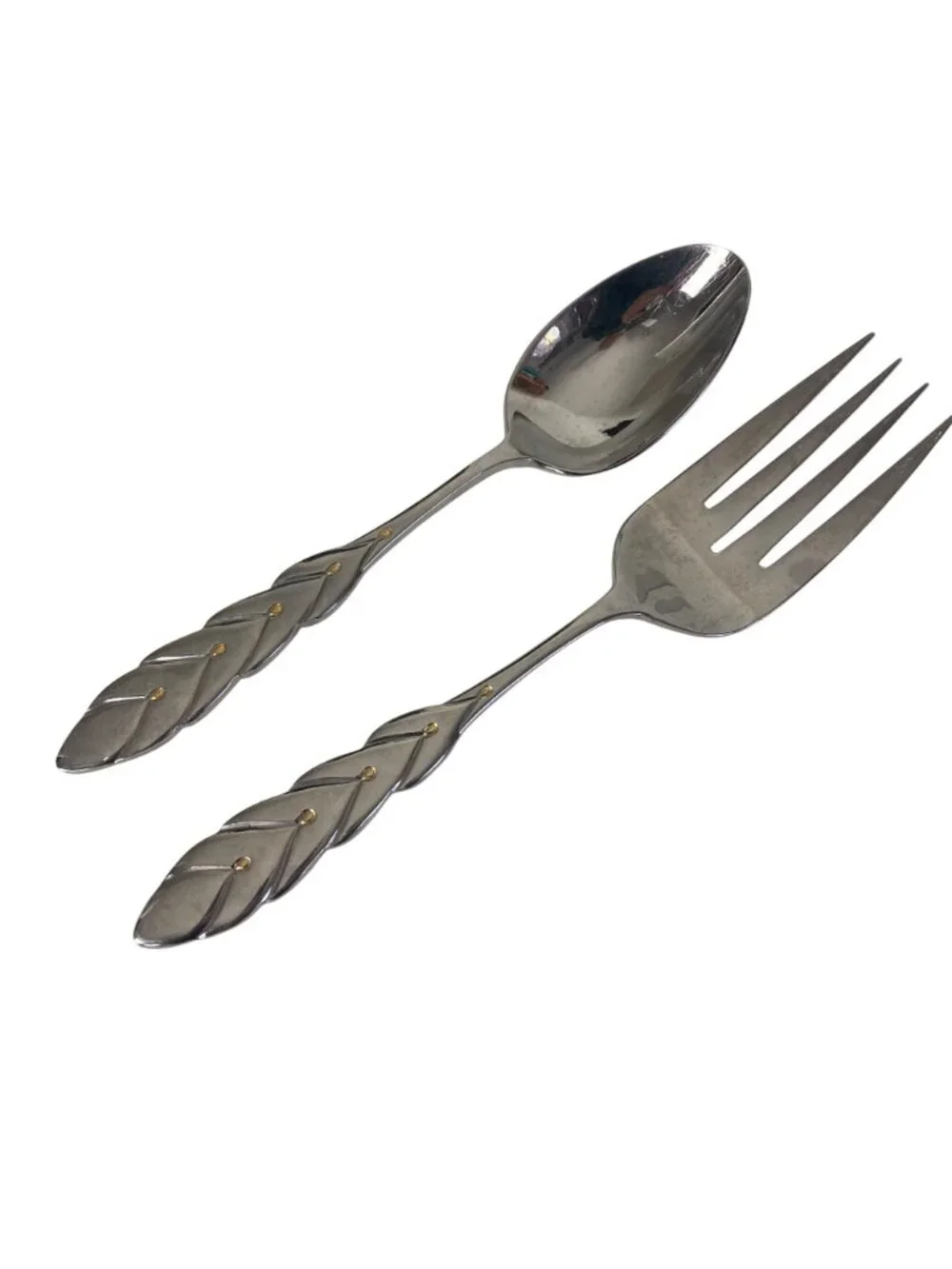 Pier 1 Imports P114 Stainless Large Serving Fork Spoon Set Gold Accents Korea